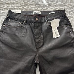 Zara Jeans NWT Sz 14 The Dreed Flare Coated Mocha High Rise Slim Fit cropped Leg